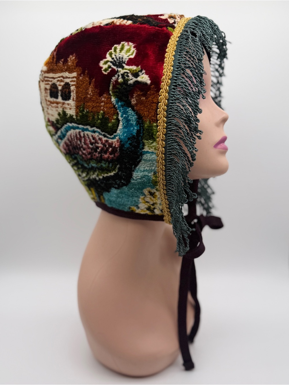 Peacock Bonnet / Hood with gold trim and teal fringe